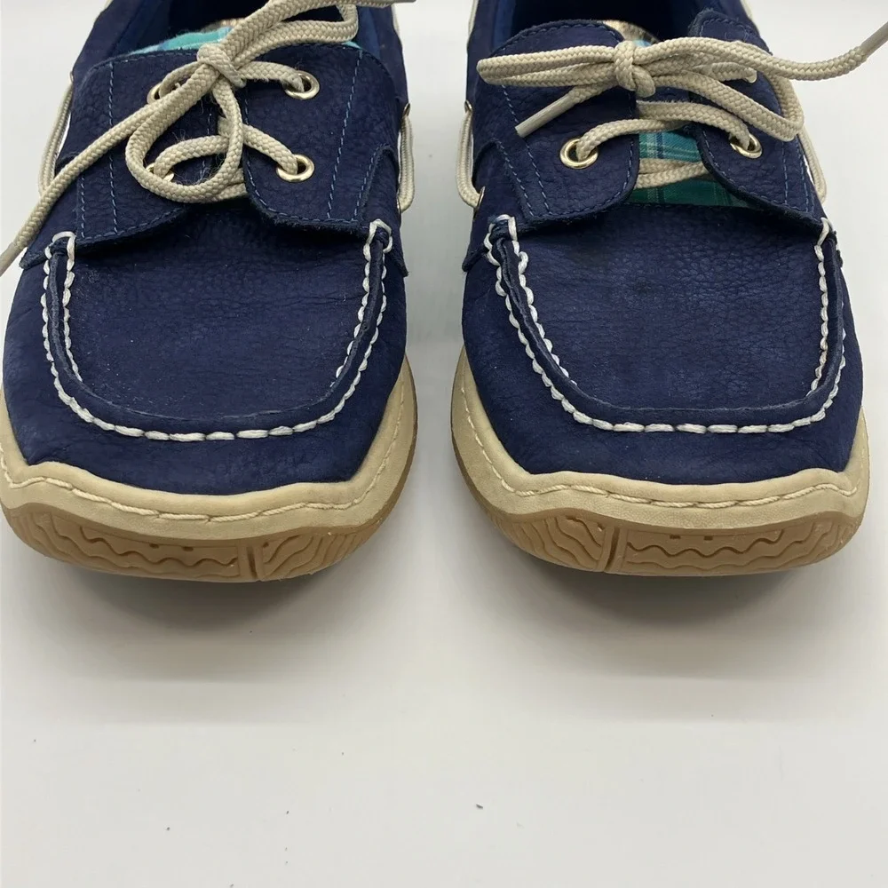 Tommy Hilfiger Navy Blue Plaid Boat Shoes‎ Womens 9.5 M Nautical Yacht Preppy